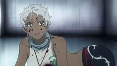 an anime character laying on the floor with blood all over his face and chest,