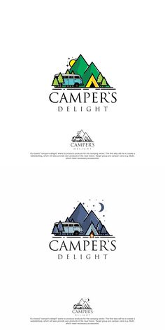 three logos for campers delight, which are designed to look like mountains and trees