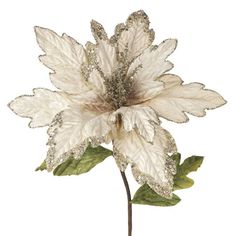 a white flower with green leaves and glitters on it's petals is shown in front of a white background