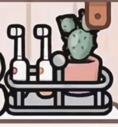 there is a drawing of some plants in a pot on the shelf with scissors and other things