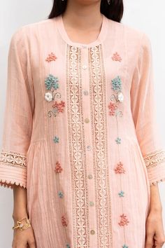 Peach straight kurta with floral embroidery and lace details. Paired with a pant with lace details at the hem and cotton inner. - Aza Fashions Festive Feminine Embroidered Sets, Traditional Floral Embellished Sets For Summer, Feminine Embroidered Sets For Eid, Festive Peach Sets For Spring, Pink Chikankari Embroidery Set For Spring, Pink Cotton Lace Work Sets, Pink Sets With Chikankari Embroidery For Spring, Traditional Lace Work Sets For Spring, Bohemian Sets With Floral Embroidery For Spring