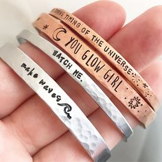 These hand stamped cuff bracelets are the standard bracelet size (6 inches) they are stamped and shaped by me! *THIS LISTING IS FOR ONE STAMPED CUFF* please leave a note to seller in the comment box at checkout with the message you would like stamped on it! | Packaging | GIFT MESSAGES (small card & envelopes) NOW AVAILABLE! -if you are sending a gift directly to a friend/loved one- leave me a message at checkout with the name of the person receiving the gift and the short note! All orders ar Metal Stamping Kit, Personalized Cuff Bracelets, Stamp Jewelry, Hand Stamped Cuff Bracelet, Hand Stamped Metal, Handstamped Bracelet, Metal Stamped Jewelry, Stamped Rings, Stamped Bracelet