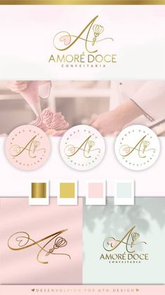 the logo for amore dolce is shown in gold and pink tones, with an elegant design