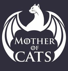 the logo for mother of cats with a white cat on it's back and black background