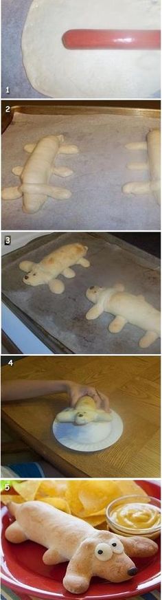 four pictures showing how to make stuffed animals out of bread