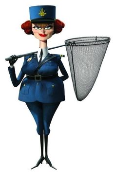 a cartoon character holding a fishing net and wearing a blue suit with red hair, standing in front of a white background