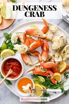 Dungeness Crab | foodiecrush.com Image shows a closeup overhead shot of a round white platter topped with boiled Dungeness crab legs , with fresh dill, lemon, and lime wedges, along with two little ramekins of cocktail sauce and melted butter Steamed Clams Recipe, Dungeness Crab Recipes, Crab Recipe, Healthy Dinner Options, Dungeness Crab