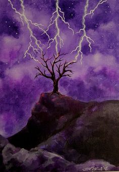 a painting of a tree on top of a mountain with lightning in the sky above it