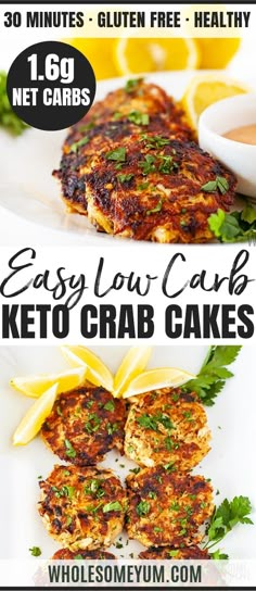 easy low carb keto crab cakes with lemons and parsley on the side