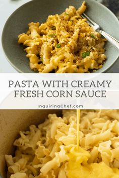 pasta with creamy fresh corn sauce is being poured over the noodles in a bowl