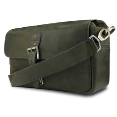 an olive green leather messenger bag