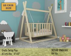 a baby's room with a wooden swing bed