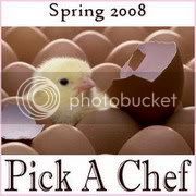 a chicken in an egg shell with the words pick a chef on it's side