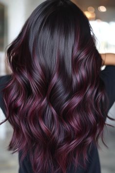 Hair Color Trends Dark Hair, Wine Red Hair Color Highlights, Cherry Wine Hair Color With Highlights, Dark Hair Maroon Highlights, Dark Brown Burgundy Hair Balayage, Cherry Red Hair Ideas, Black Hair With Cherry Highlights, Cherry Cola Balayage On Black Hair, Dark Cherry Highlights On Dark Hair