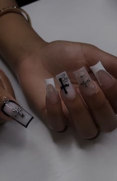 Medium Tapered Square Nails Designs, Aesthetic Insta Pfp, Christian Nails Designs, French Tip Nails With Cross Charm, Y2k Cross Nails Acrylic, Christmas Nails Black Women, Nail Inspo Cross Charm, Black French Tip Nails Cross Charms, Pink French Tip Nails With Cross Charm