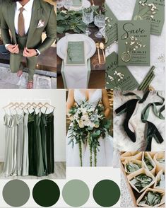 a collage of green and white wedding color palettes, including the bride's dress