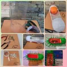 several pictures of different items made out of cardboard and plastic bags, including an orange