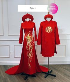 two mannequins dressed in red and gold dresses with golden designs on them