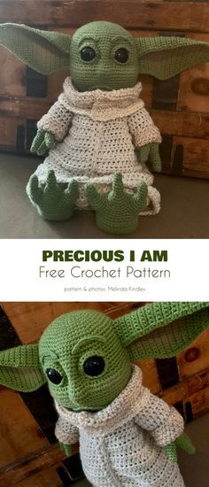 a crocheted baby yoda doll sitting on top of a wooden crate with the caption free crochet pattern