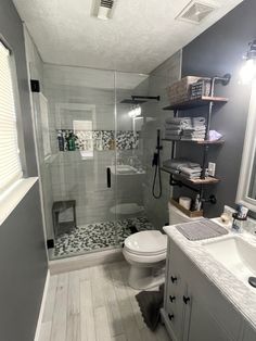 a white toilet sitting next to a walk in shower