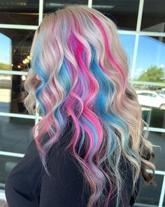 Blonde And Colorful Hair Ideas, Fun Hair Ideas For Blondes, Blue And Pink Highlights In Blonde Hair, Vivid Lowlights, Vivid Hair Color With Blonde, Vivid Highlights Blondes, Blonde Pink And Blue Hair, Fun Color Highlights For Blondes, Pink And Blue Curly Hair