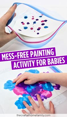 two hands are painting on paper with the words mess - free painting activity for babies