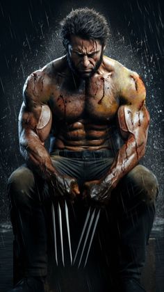 the wolverine is sitting in the rain with his hands on his knees