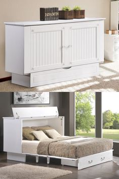 a white bed sitting next to a dresser with drawers on each side and an open drawer underneath it