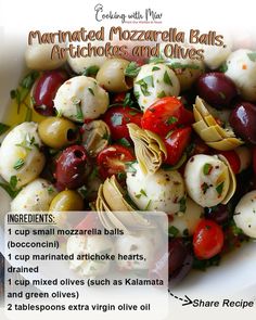 an advertisement for marinated mozzarella balls, artichokes and olives