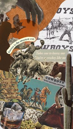 collage of images with words and pictures on them, including an image of a cowboy riding a horse