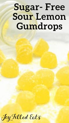 sugar - free sour lemon gumdrops in a glass jar