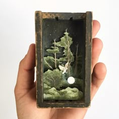 a hand holding a miniature box with an image of a bird flying over the forest