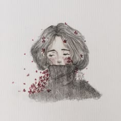 a drawing of a woman's face with red confetti all over it