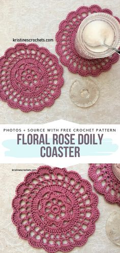 crocheted coasters are shown with text overlay that says, floral rose doily coaster