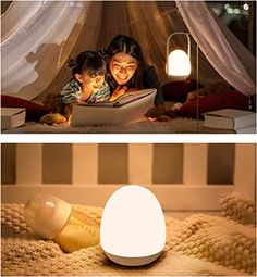 two pictures one with an egg lamp and the other with a photo of a mother reading to her child