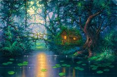 a painting of a cabin in the middle of a forest with lily pads on the water