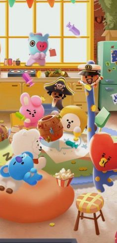 an animated image of many stuffed animals in a playroom with toys and decorations on the floor