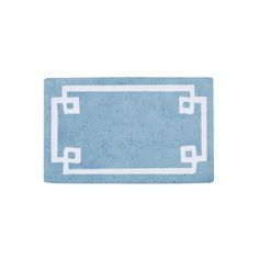 a blue and white rug with an interlocked border on the bottom, in front of a white background