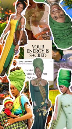 a collage of photos with women in green turbans and one woman holding a baby