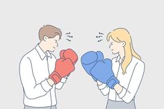 a man and woman are boxing with gloves on their hands, one is punching the other's face