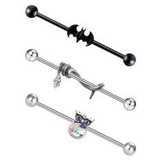 PRICES MAY VARY. ♦Fashion Design:1 Order Contains 3 Pieces of 316L Surgical Steel Industrial Barbell,Industrial Barbell with snake and bat and owl, Stylish and Charming. ♦Specification: Bar Thickness: 14G/1.6mm, Bar Length: 38mm, Suitable for most people. ♦Material：The Bar is Made of 316L Stainless Steel, Lead and Nickel Free, Healthy for Sensitive Skin, Can be worn with ease. ♦Multiple Using：Suitable for different parties, Festivals, Ceremonies, Bars, Daily life wear, and many occasions and can Bat Skull, Industrial Jewelry, Industrial Barbell, Industrial Bar, Industrial Piercing, Body Jewelry Piercing, Cartilage Earring, Body Piercing Jewelry, Cartilage Earrings