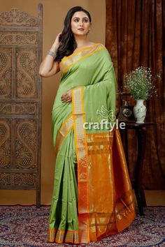 Crafted from luxurious bomkai silk, this saree showcases the traditional weaving technique of Orissa, also known as sonepuri silk. The pistachio green fabric is adorned with intricate golden zari work along the border, adding a touch of elegance and sophistication. This saree comes with a matching blouse piece, making it a complete traditional ensemble.The bomkai silk fabric is known for its lightweight and comfortable feel, making it an ideal choice for special occasions or everyday wear. Elevate your wardrobe with this timeless piece that combines tradition and modern style seamlessly. Perfect for gifting or treating yourself to an exquisite saree, this pistachio green silk bomkai saree is a must-have for any Indian traditional wear collection.Saree Length : 5.5 Mtr Blouse Piece Length : Green Raw Silk Handloom Traditional Wear, Green Handloom Raw Silk Traditional Wear, Green Raw Silk Traditional Wear For Puja, Green Saree With Weaving Work For Festivals, Green Raw Silk Saree With Weaving Work, Green Chanderi Traditional Wear With Weaving Work, Green Traditional Wear With Weaving Work For Festivals, Pista Green Handloom Raw Silk Traditional Wear, Green Silk Saree With Weaving Work