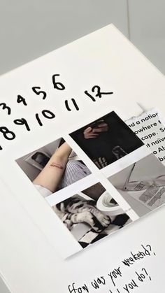 an open book with black and white photos on it's cover, which has words written in different languages