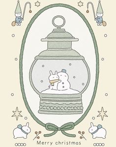 a christmas card with an image of a snowman in a glass jar and rabbits