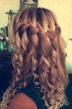 Hair styles Curly Waterfall Braid, Waterfall Braid With Curls, Waterfall Braid Hairstyle, Braids With Curls, Long Curly Hair, Long Curly, Gorgeous Hair