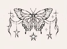 a black and white drawing of a butterfly with stars on it's back side