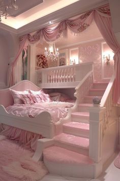 a bedroom with pink walls and carpeted stairs leading up to the second story bed