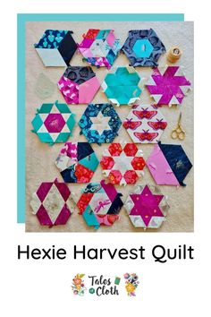 hexie harvest quilt pattern with scissors and thread