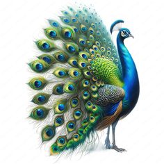 a blue and green peacock with its feathers spread out, standing on the ground in front of a white background