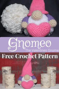 two crocheted gnomes sitting next to each other with the words gnome on them